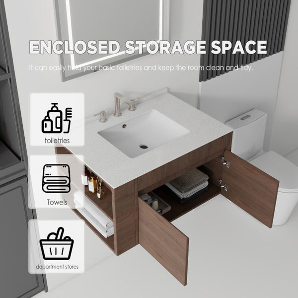 English Elm 30 Inch Floating Bathroom Vanity with Cultured Marble Top Soft Close Door Plywood Brown Granite White B2775S00205