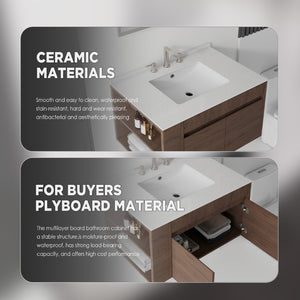 English Elm 30 Inch Floating Bathroom Vanity with Cultured Marble Top Soft Close Door Plywood Brown Granite White B2775S00205