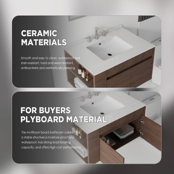 English Elm 30 Inch Floating Bathroom Vanity with Cultured Marble Top Soft Close Door Plywood Brown Granite White B2775S00205