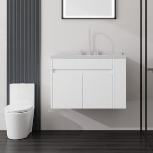 English Elm 30 Inch Wall Mounted Bathroom Vanity with Integrated Sink and Soft Close Plywood Cabinet White Carrara White B2775S00206