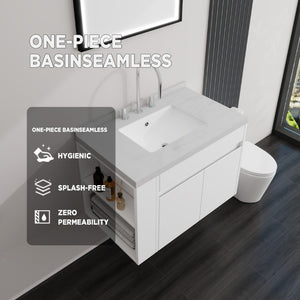 English Elm 30 Inch Wall Mounted Bathroom Vanity with Integrated Sink and Soft Close Plywood Cabinet White Carrara White B2775S00206