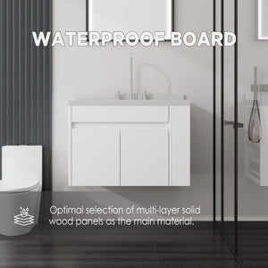 English Elm 30 Inch Wall Mounted Bathroom Vanity with Integrated Sink and Soft Close Plywood Cabinet White Carrara White B2775S00206