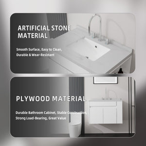 English Elm 30 Inch Wall Mounted Bathroom Vanity with Integrated Sink and Soft Close Plywood Cabinet White Carrara White B2775S00206
