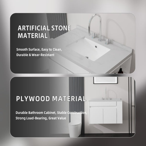 English Elm 30 Inch Wall Mounted Bathroom Vanity with Integrated Sink and Soft Close Plywood Cabinet White Carrara White B2775S00206