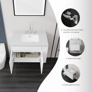 English Elm 30 Inch Wall Mounted Bathroom Vanity with Integrated Sink and Soft Close Plywood Cabinet White Carrara White B2775S00206