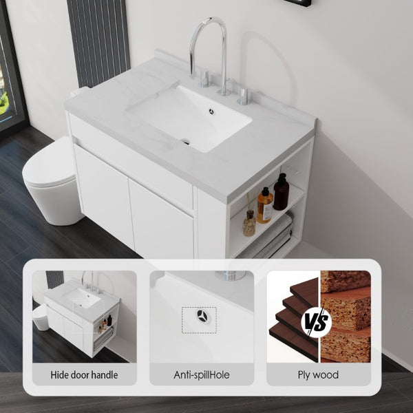 English Elm 30 Inch Wall Mounted Bathroom Vanity with Integrated Sink and Soft Close Plywood Cabinet White Carrara White B2775S00206