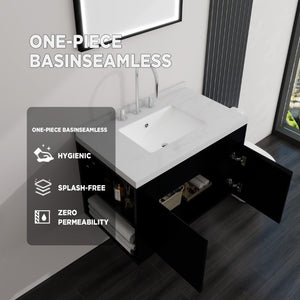 English Elm 30 Inch Wall Mounted Bathroom Vanity with Integrated Sink and Soft Close Plywood Cabinet Black Carrara White B2775S00207
