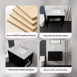 English Elm 30 Inch Wall Mounted Bathroom Vanity with Integrated Sink and Soft Close Plywood Cabinet Black Carrara White B2775S00207
