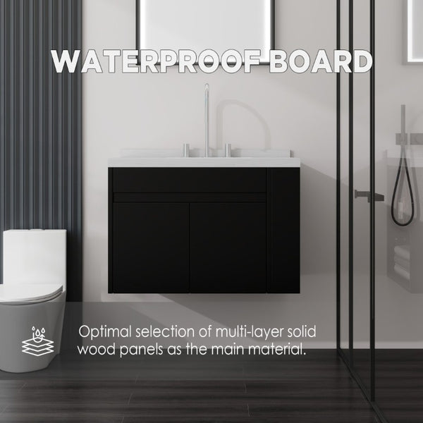 English Elm 30 Inch Wall Mounted Bathroom Vanity with Integrated Sink and Soft Close Plywood Cabinet Black Carrara White B2775S00207