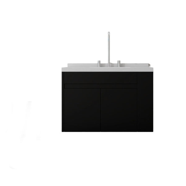 English Elm 30 Inch Wall Mounted Bathroom Vanity with Integrated Sink and Soft Close Plywood Cabinet Black Carrara White B2775S00207