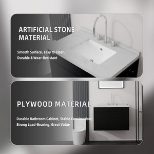 English Elm 30 Inch Wall Mounted Bathroom Vanity with Integrated Sink and Soft Close Plywood Cabinet Black Carrara White B2775S00207