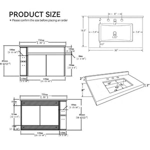English Elm 30 Inch Wall Mounted Bathroom Vanity with Integrated Sink and Soft Close Plywood Cabinet Black Carrara White B2775S00207