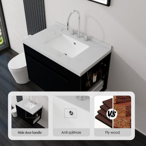 English Elm 30 Inch Wall Mounted Bathroom Vanity with Integrated Sink and Soft Close Plywood Cabinet Black Carrara White B2775S00207