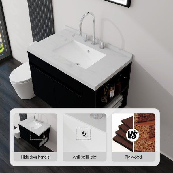English Elm 30 Inch Wall Mounted Bathroom Vanity with Integrated Sink and Soft Close Plywood Cabinet Black Carrara White B2775S00207