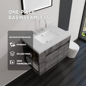 English Elm 30 Inch Wall Mounted Bathroom Vanity with Integrated Sink and Soft Close Plywood Cabinet Grey Carrara White B2775S00208