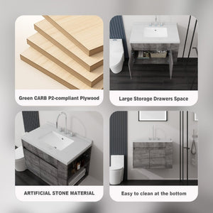 English Elm 30 Inch Wall Mounted Bathroom Vanity with Integrated Sink and Soft Close Plywood Cabinet Grey Carrara White B2775S00208