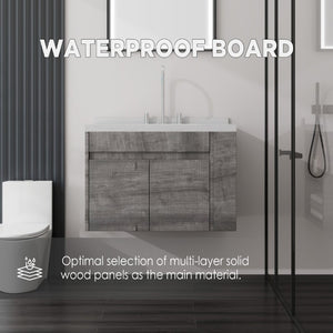 English Elm 30 Inch Wall Mounted Bathroom Vanity with Integrated Sink and Soft Close Plywood Cabinet Grey Carrara White B2775S00208