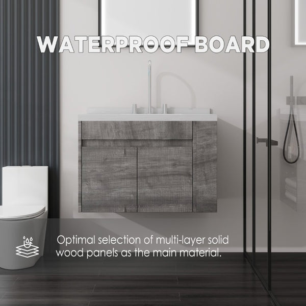 English Elm 30 Inch Wall Mounted Bathroom Vanity with Integrated Sink and Soft Close Plywood Cabinet Grey Carrara White B2775S00208