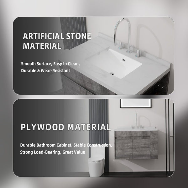 English Elm 30 Inch Wall Mounted Bathroom Vanity with Integrated Sink and Soft Close Plywood Cabinet Grey Carrara White B2775S00208