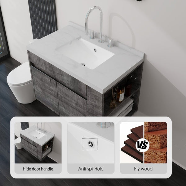 English Elm 30 Inch Wall Mounted Bathroom Vanity with Integrated Sink and Soft Close Plywood Cabinet Grey Carrara White B2775S00208