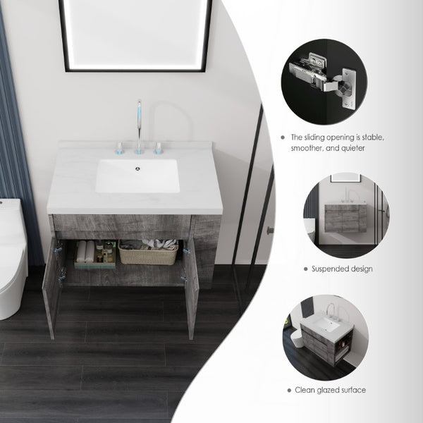 English Elm 30 Inch Wall Mounted Bathroom Vanity with Integrated Sink and Soft Close Plywood Cabinet Grey Carrara White B2775S00208