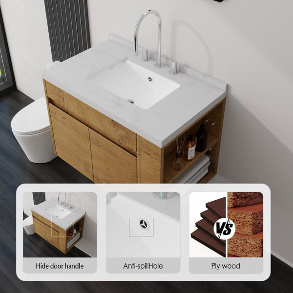 English Elm 30 Inch Wall Mounted Bathroom Vanity with Integrated Sink and Soft Close Plywood Cabinet Oak Carrara White B2775S00209