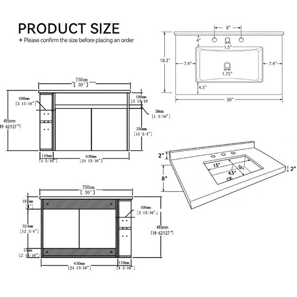 English Elm 30 Inch Wall Mounted Bathroom Vanity with Integrated Sink and Soft Close Plywood Cabinet Oak Carrara White B2775S00209