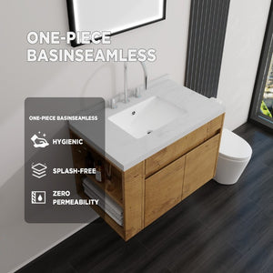 English Elm 30 Inch Wall Mounted Bathroom Vanity with Integrated Sink and Soft Close Plywood Cabinet Oak Carrara White B2775S00209