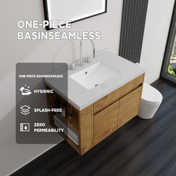English Elm 30 Inch Wall Mounted Bathroom Vanity with Integrated Sink and Soft Close Plywood Cabinet Oak Carrara White B2775S00209