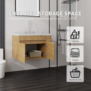 English Elm 30 Inch Wall Mounted Bathroom Vanity with Integrated Sink and Soft Close Plywood Cabinet Oak Carrara White B2775S00209