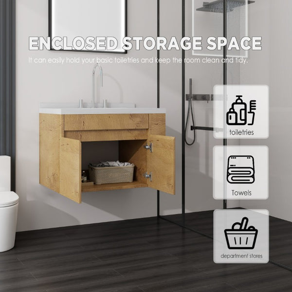 English Elm 30 Inch Wall Mounted Bathroom Vanity with Integrated Sink and Soft Close Plywood Cabinet Oak Carrara White B2775S00209