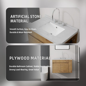 English Elm 30 Inch Wall Mounted Bathroom Vanity with Integrated Sink and Soft Close Plywood Cabinet Oak Carrara White B2775S00209