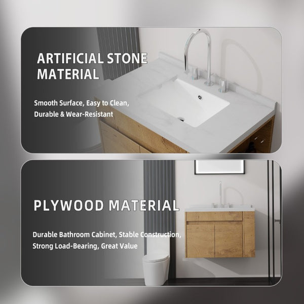 English Elm 30 Inch Wall Mounted Bathroom Vanity with Integrated Sink and Soft Close Plywood Cabinet Oak Carrara White B2775S00209