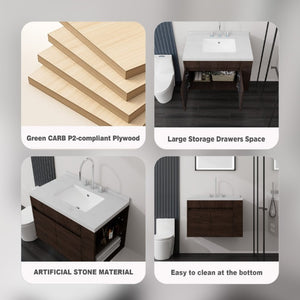 English Elm 30 Inch Wall Mounted Bathroom Vanity with Integrated Sink and Soft Close Plywood Cabinet Brown Carrara White B2775S00210