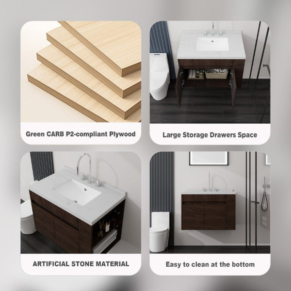 English Elm 30 Inch Wall Mounted Bathroom Vanity with Integrated Sink and Soft Close Plywood Cabinet Brown Carrara White B2775S00210