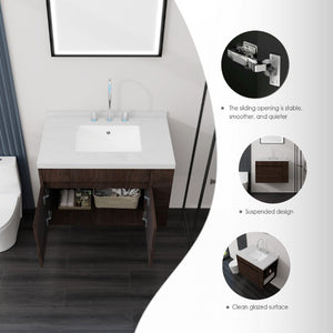 English Elm 30 Inch Wall Mounted Bathroom Vanity with Integrated Sink and Soft Close Plywood Cabinet Brown Carrara White B2775S00210