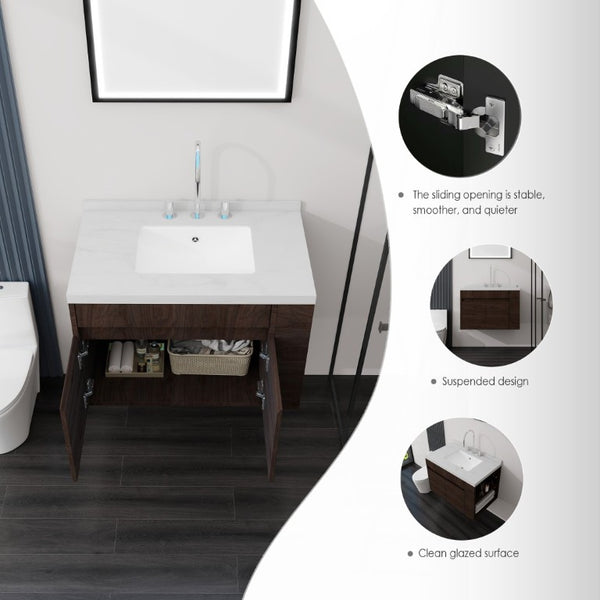 English Elm 30 Inch Wall Mounted Bathroom Vanity with Integrated Sink and Soft Close Plywood Cabinet Brown Carrara White B2775S00210