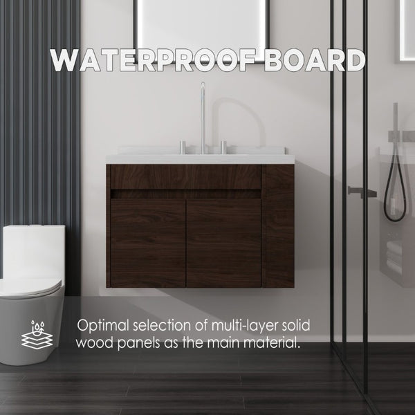 English Elm 30 Inch Wall Mounted Bathroom Vanity with Integrated Sink and Soft Close Plywood Cabinet Brown Carrara White B2775S00210