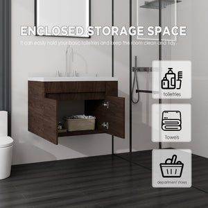 English Elm 30 Inch Wall Mounted Bathroom Vanity with Integrated Sink and Soft Close Plywood Cabinet Brown Carrara White B2775S00210