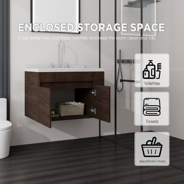 English Elm 30 Inch Wall Mounted Bathroom Vanity with Integrated Sink and Soft Close Plywood Cabinet Brown Carrara White B2775S00210