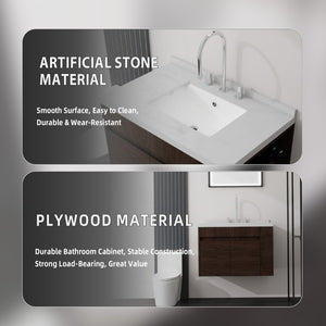 English Elm 30 Inch Wall Mounted Bathroom Vanity with Integrated Sink and Soft Close Plywood Cabinet Brown Carrara White B2775S00210