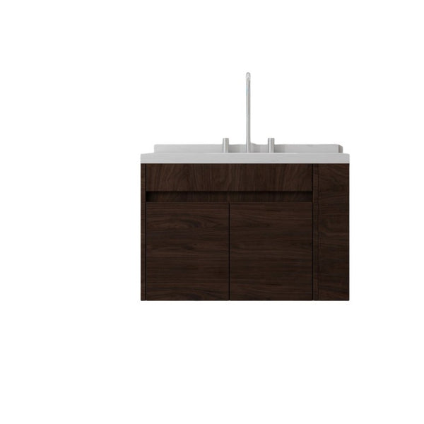 English Elm 30 Inch Wall Mounted Bathroom Vanity with Integrated Sink and Soft Close Plywood Cabinet Brown Carrara White B2775S00210