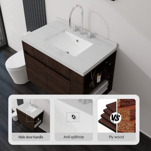 English Elm 30 Inch Wall Mounted Bathroom Vanity with Integrated Sink and Soft Close Plywood Cabinet Brown Carrara White B2775S00210