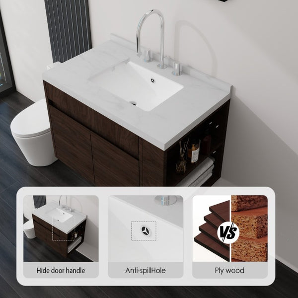 English Elm 30 Inch Wall Mounted Bathroom Vanity with Integrated Sink and Soft Close Plywood Cabinet Brown Carrara White B2775S00210