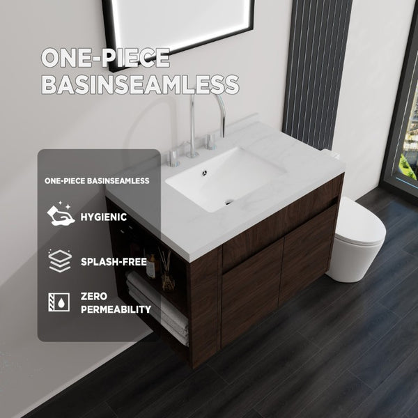 English Elm 30 Inch Wall Mounted Bathroom Vanity with Integrated Sink and Soft Close Plywood Cabinet Brown Carrara White B2775S00210