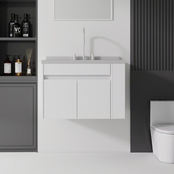 English Elm 30 Inch Wall Mounted Bathroom Vanity with Integrated Sink and Soft Close Plywood Cabinet White Granite White B2775S00211