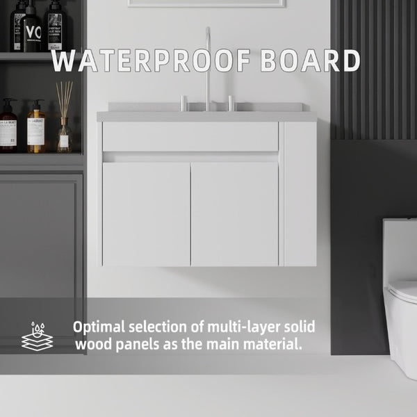 English Elm 30 Inch Wall Mounted Bathroom Vanity with Integrated Sink and Soft Close Plywood Cabinet White Granite White B2775S00211