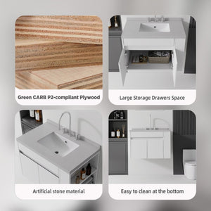 English Elm 30 Inch Wall Mounted Bathroom Vanity with Integrated Sink and Soft Close Plywood Cabinet White Granite White B2775S00211