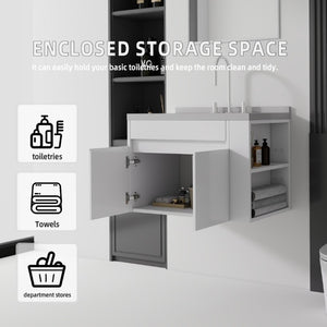 English Elm 30 Inch Wall Mounted Bathroom Vanity with Integrated Sink and Soft Close Plywood Cabinet White Granite White B2775S00211