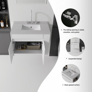 English Elm 30 Inch Wall Mounted Bathroom Vanity with Integrated Sink and Soft Close Plywood Cabinet White Granite White B2775S00211